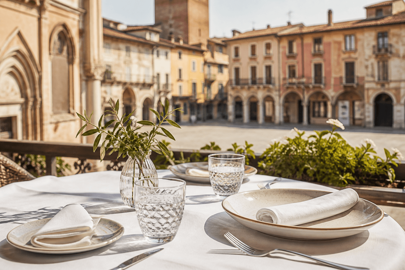Tavola elegante e luminosa affacciata su una piazza storica veronese