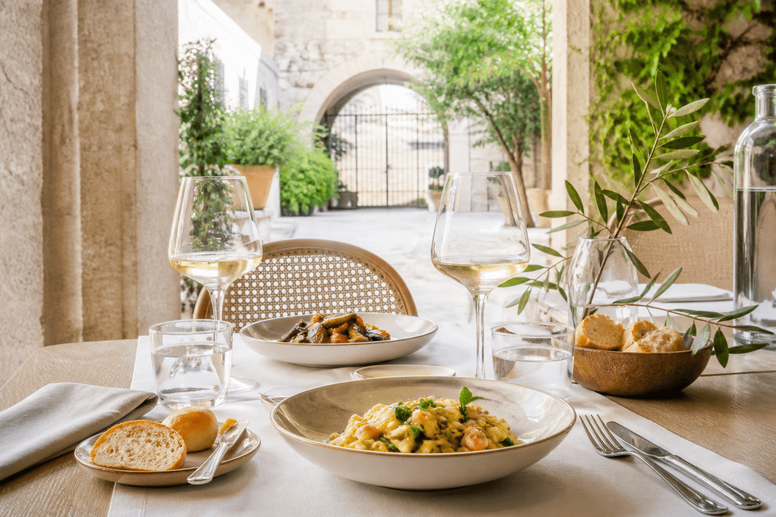 Pranzo luminoso in una corte italiana con calici e tavola raffinata