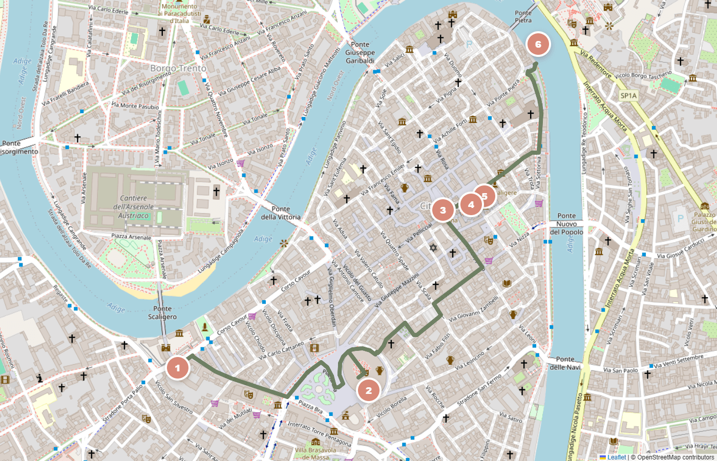 Mappa reale del percorso per bambini nel centro di Verona