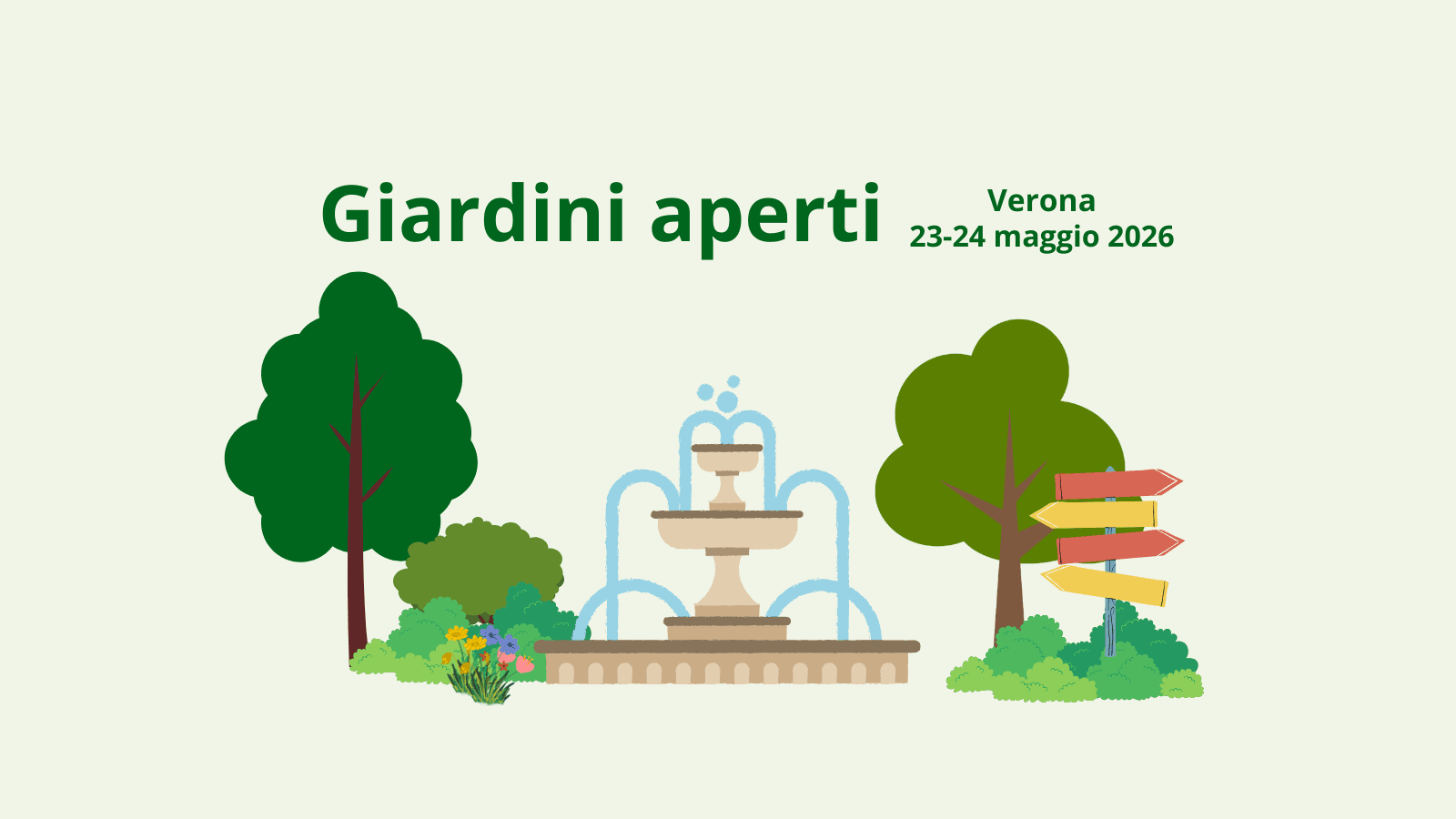 Illustrazione ufficiale di Giardini Aperti Verona con alberi, fiori, una fontana e indicazioni colorate