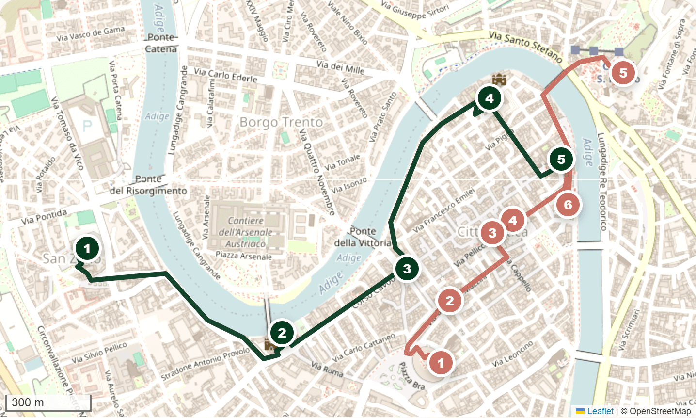 Mappa OpenStreetMap dei due itinerari a piedi nel centro di Verona